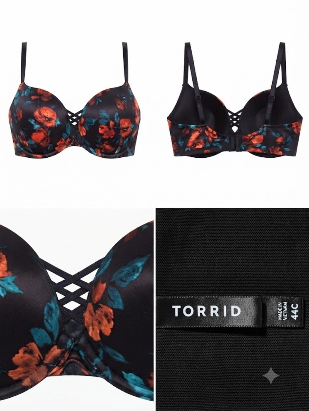 torrid Black Bra with Red Floral & Teal Leaves